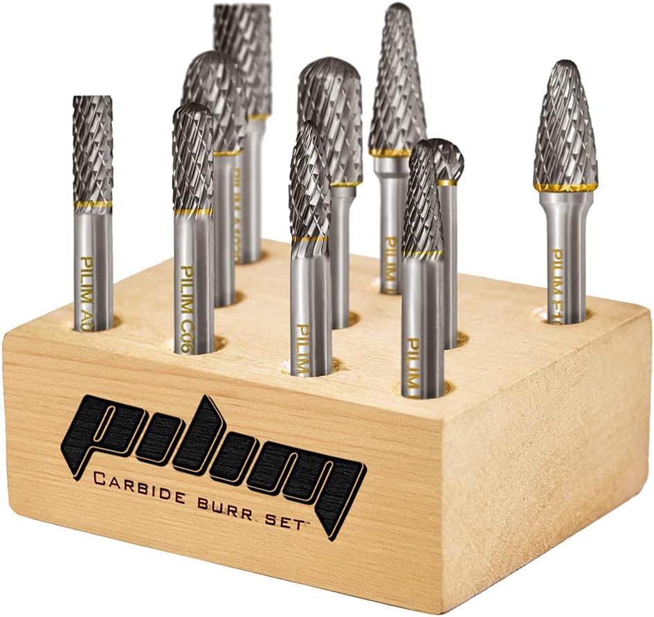 Tungsten Carbide Burr Set 1/4" Shank 10PC Double Cut Rotary Cutting Burrs Die Grinder Bits for Steel and Wood Working, Grinding, Carving