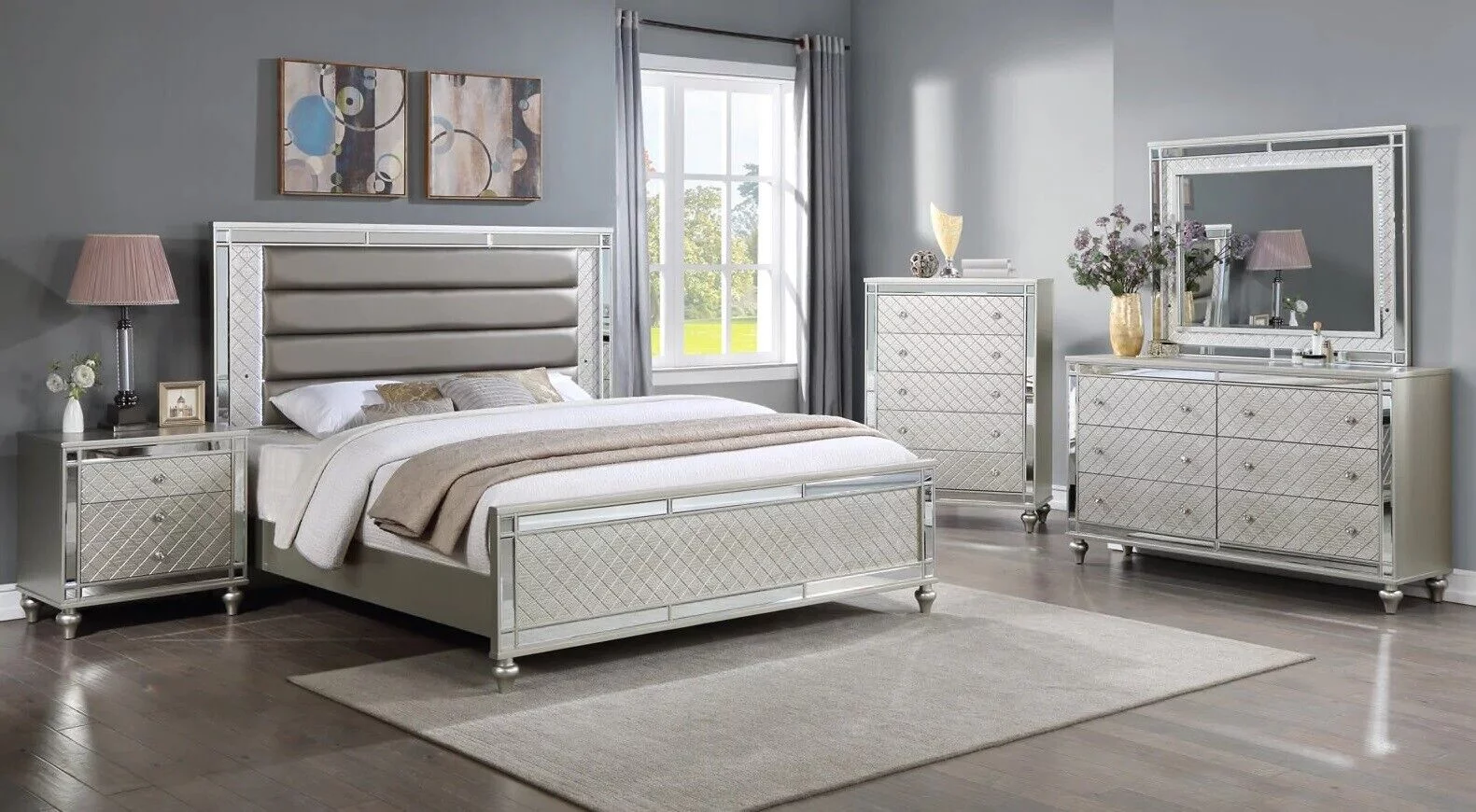 Modern Glam Style 4pc King Size Upholstery LED Bed Dresser Mirror Nightstand Wooden Master Bedroom Furniture Set