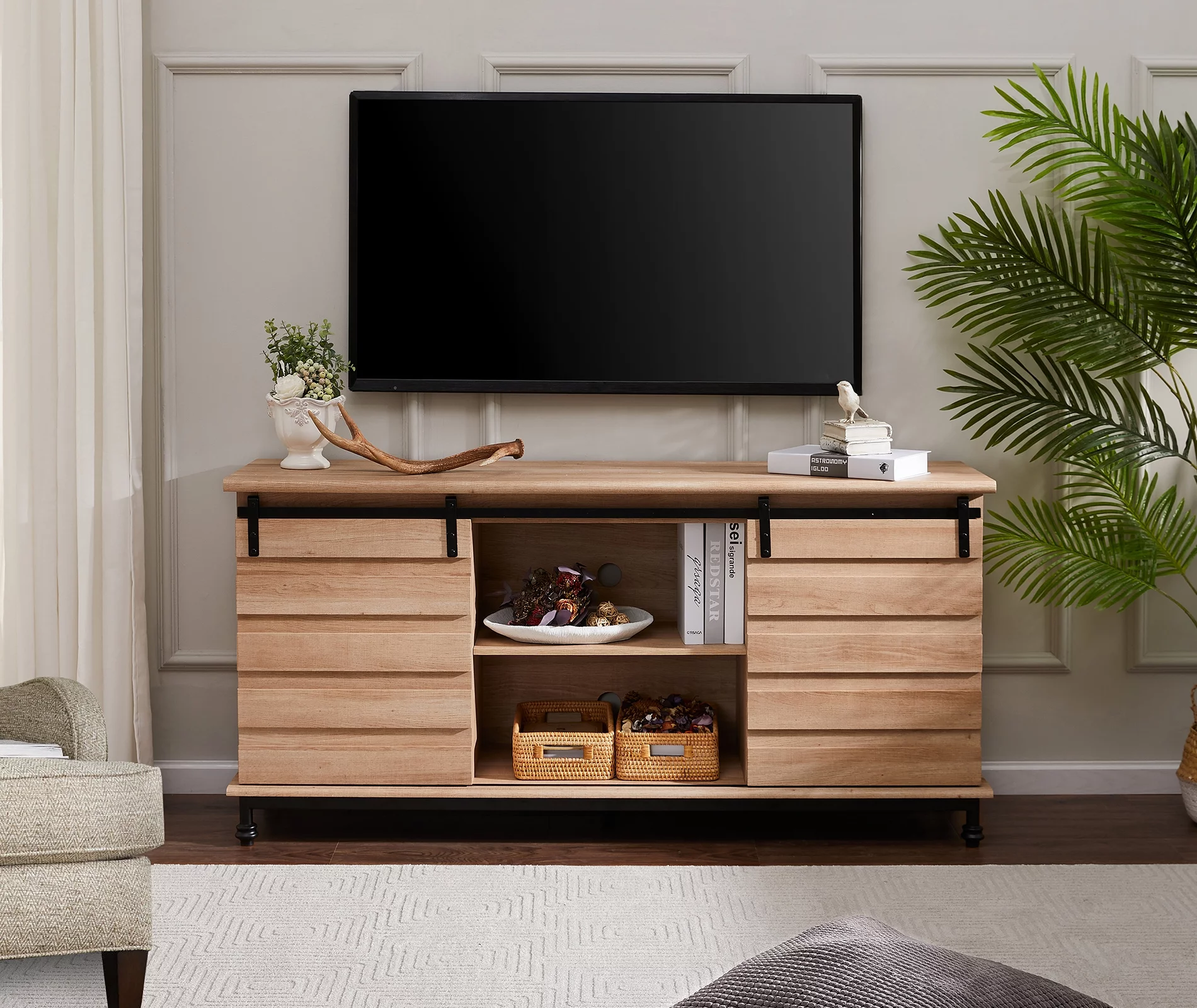 WAMPAT Farmhouse TV Stand with Sliding Barn Door for TVs up to 70 Inches,Modern Entertainment Center for Living Room, 3-Level Adjustable Shelf