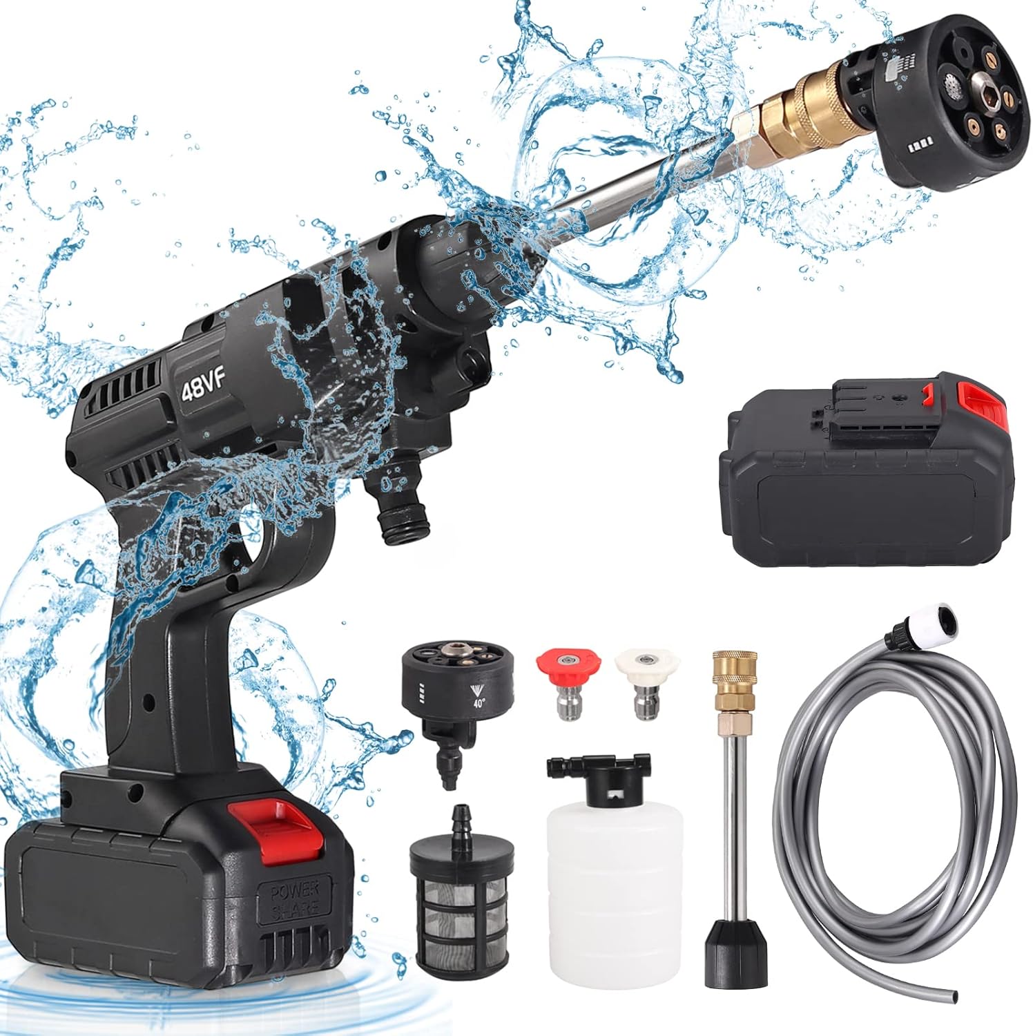 JUSTOOL Cordless Pressure Washer Power Washer 20V 4.0Ah Batteries Powered Cleaner 450 PSI Pressure Jet Cleaner 6 in 1 Adjustable Nozzle with Cleaning