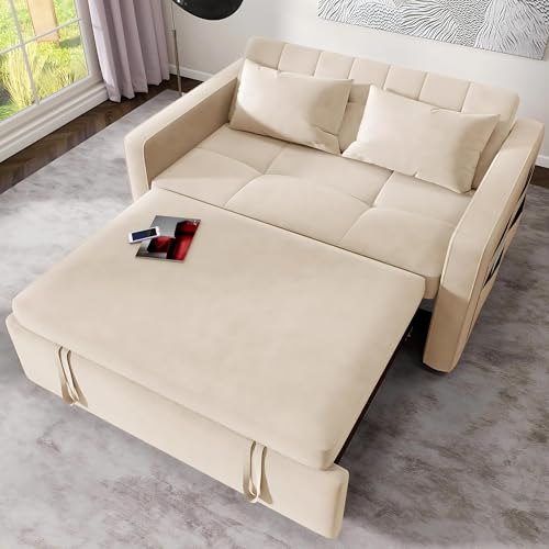 DWVO 55" Convertible Sofa Bed, 3-in-1 Sleeper Sofa with Pull-Out Bed, Linen Futon Couch with Adjustable Backrest and Side Pocket