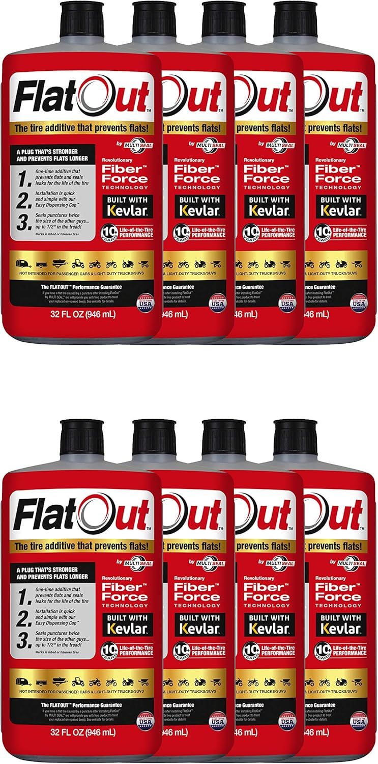 FlatOut Multi-Purpose Tire Sealant - Prevents and Repairs Flat Tires, Seals Leaks, Contains Kevlar, 32-Ounce Bottle, 8-Pack