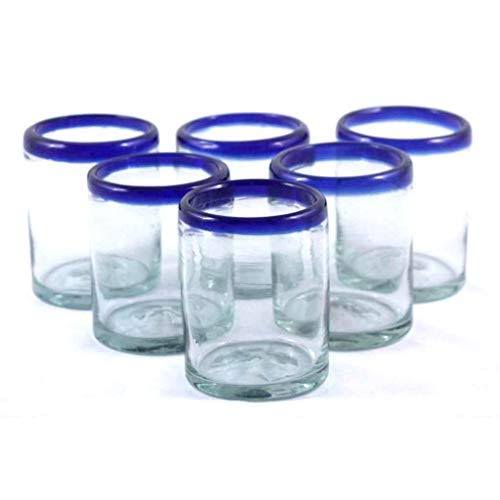Mexican Blown Glass Tumblers Cobalt Blue Rim Set of 6