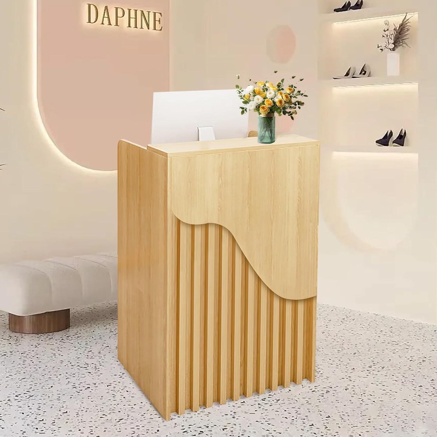 Reception Desk Counter Table,Gold Front Desk Reception Counter with Lockable Drawers,Receptionist Desk Checkout Counter