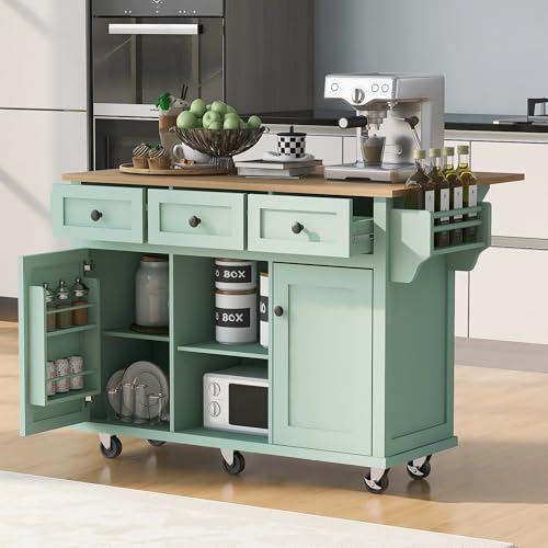 Farmhouse Kitchen Island with Power Outlet, Drop Leaf, Spice Rack and Drawer,Rolling Kitchen Cart on Wheels