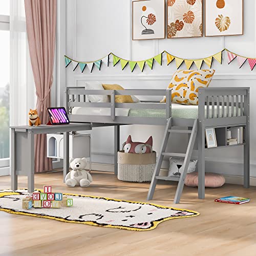 Wooden Full Size Low Loft Bed with Rolling Portable Desk and Chair,4 Cabinets，Blackboard and Slides,for Kids Boys Girls Teens Bedroom Use (White@z