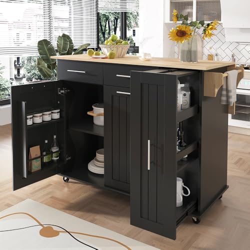 Rolling Kitchen Island on Wheels with Storage 3 Tier Cabinet and Drawers, Table with Towel and Spice Rack