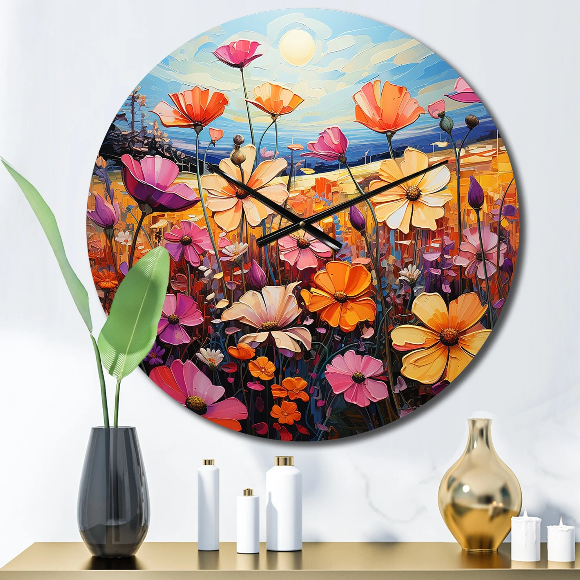 Designart "Symphony of Purple and Yellow Wildflowers" Floral Oversized Wall Clock