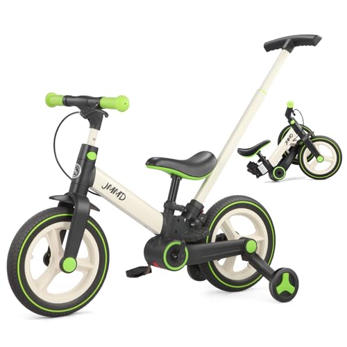 JMMD Toddler Bike with Push Handle for Kids 18-60 Months, 6 in 1 Foldable Push Bike with Training Wheels, Pedals, Brakes, Kickstand