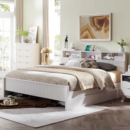 T4TREAM Fluted Panel King Bed Frame with Bookcase Headboard & Charging Station, Modern Wood Platform Bed with 4 Drawers, Wood Slats Support