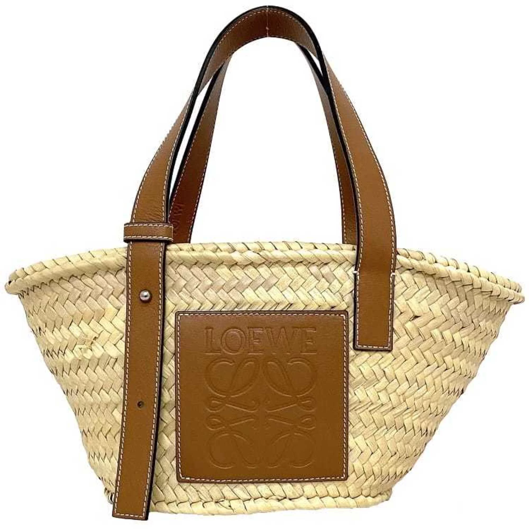 Pre-Owned Loewe Basket Bag Beige Brown Anagram 327.02.S93 Tote Palm Leaf Calf Leather LOEWE Straw Handbag (Good)