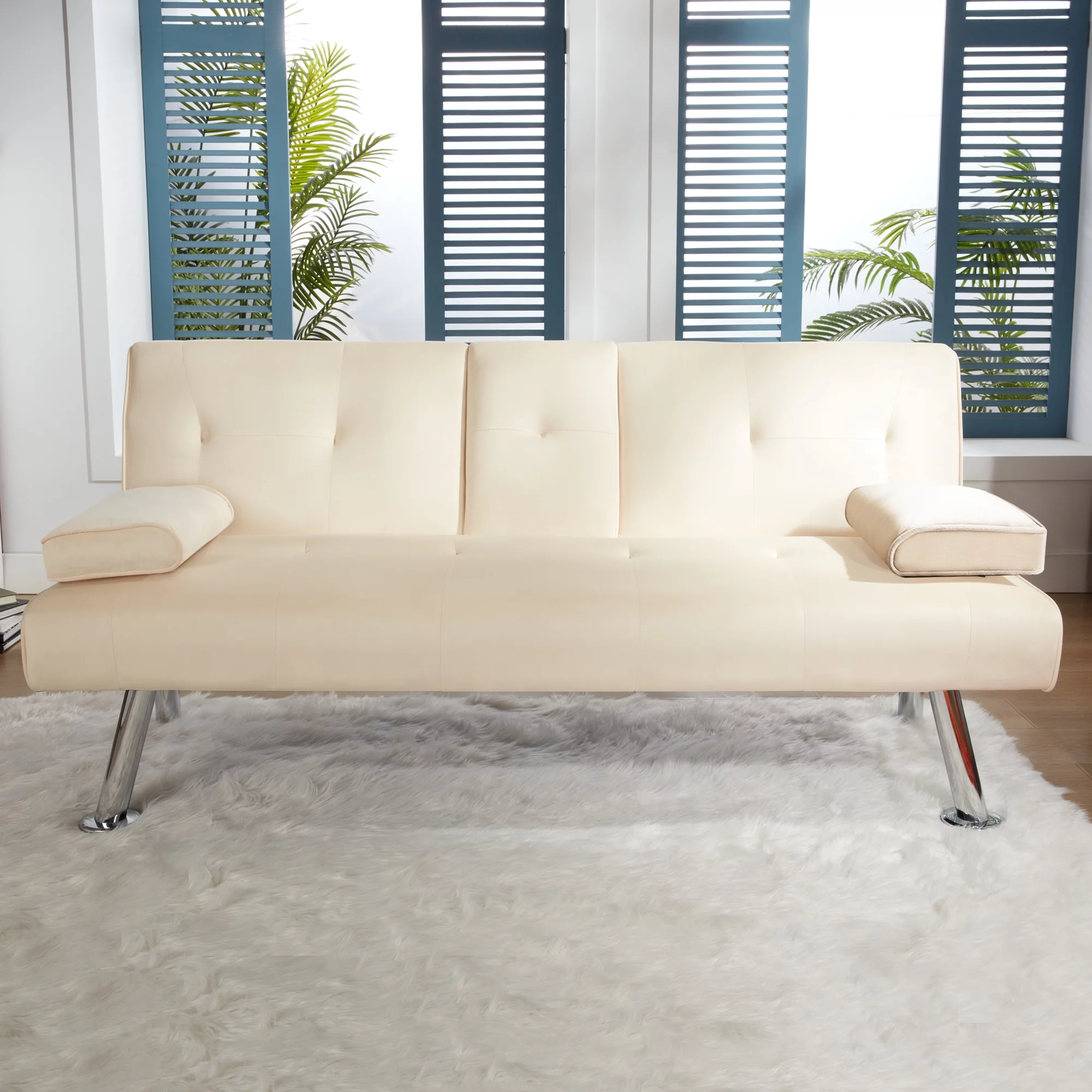 65" Upholstered Folding Futon Sofa Bed Modern Convertible Couch 2 Cup holders Fabric loveseat Plush Furniture for Compact Living Space Apartment Dorm