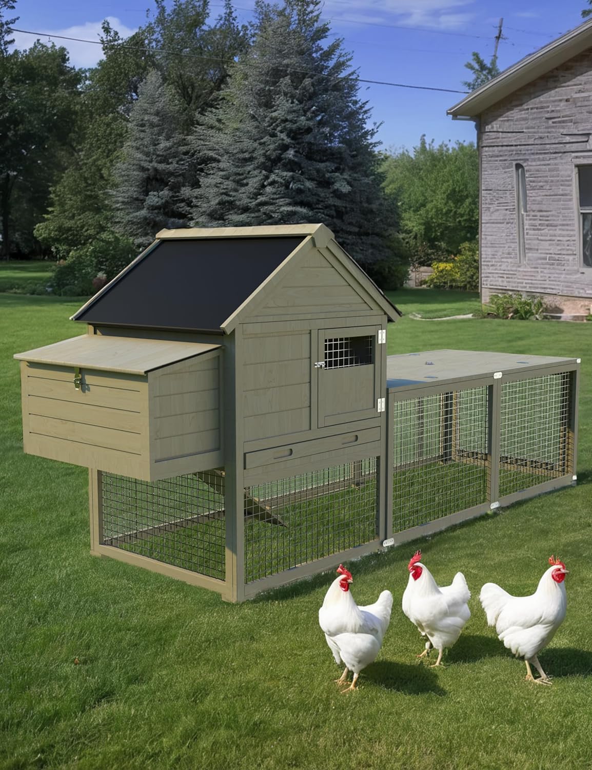 Chicken Coop, Outdoor Chicken Coop for 3-5 Chickens, 109in Chicken Coop with Run, Wooden Chicken Coop with Waterproof Roof, Nesting Box