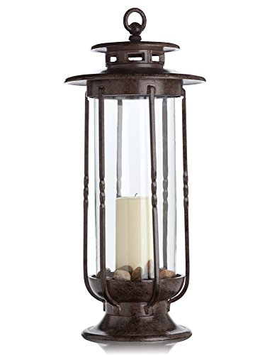 H Potter Large Decorative Hurricane Lantern Glass Candle Holder Cast Iron Rustic Indoor and Outdoor Light with Powder Coat Finish Centerpiece for