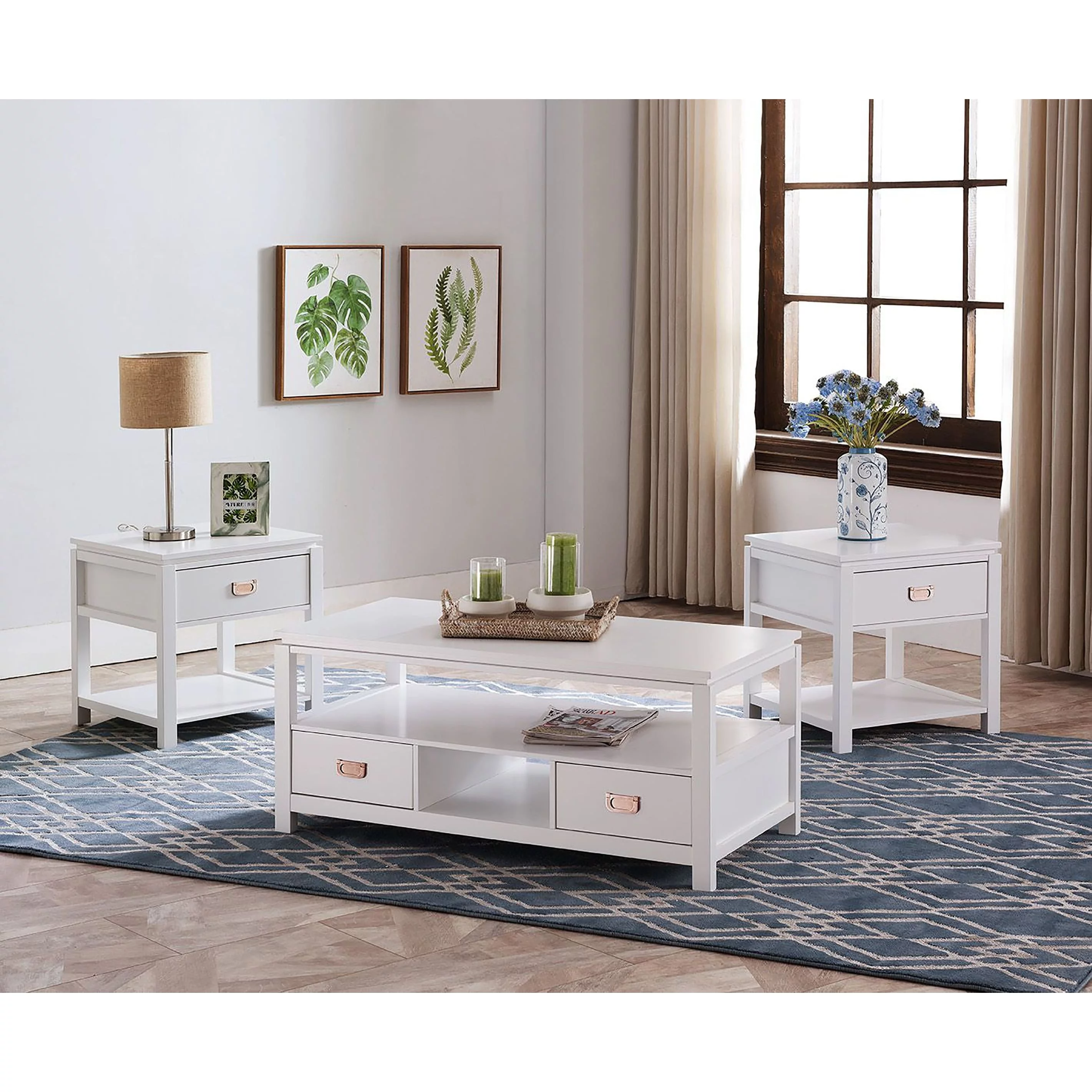 K&B 3 Piece White Finish Wood Storage Occasional Table Set, Coffee Table & 2 End Tables