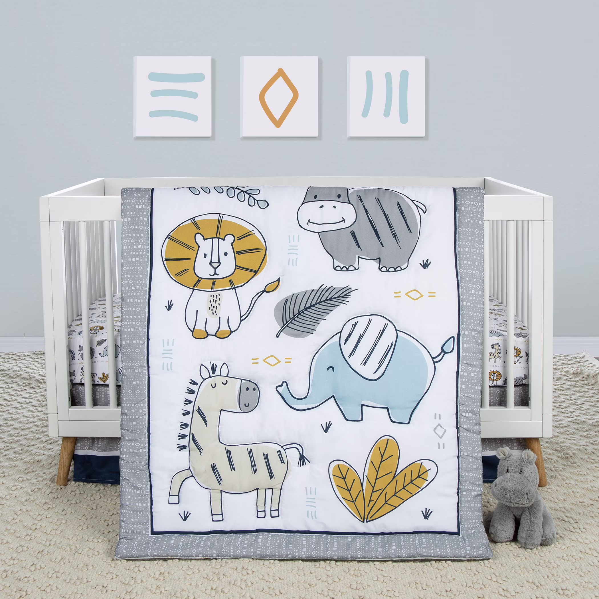 Sammy & Lou Zambia 4 Piece Crib Bedding Set. White, Tan, Orange, Blue, Navy and Gray Set is 100% Microfiber
