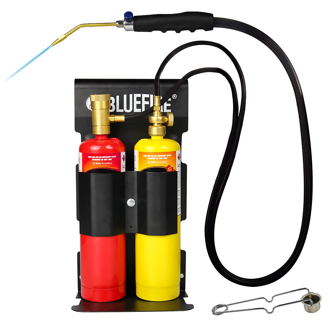 BLUEFIRE Oxypropane High Heat Welding Torch kit Free Accessory of Flint Lighter and Cylinder Holder Rack Duel Fuel by Oxygen and MAPP MAP PRO and
