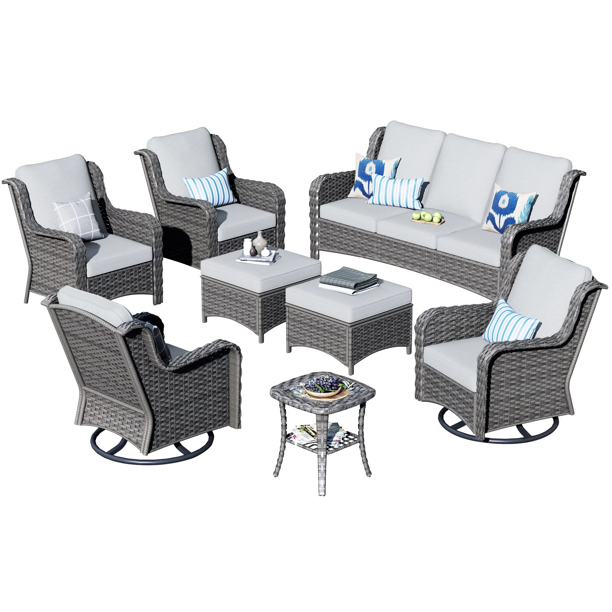 Ovios 8 Pieces Outdoor Patio Furniture with Swivel Chairs Wicker Patio Sectional with Sofa for Backyard