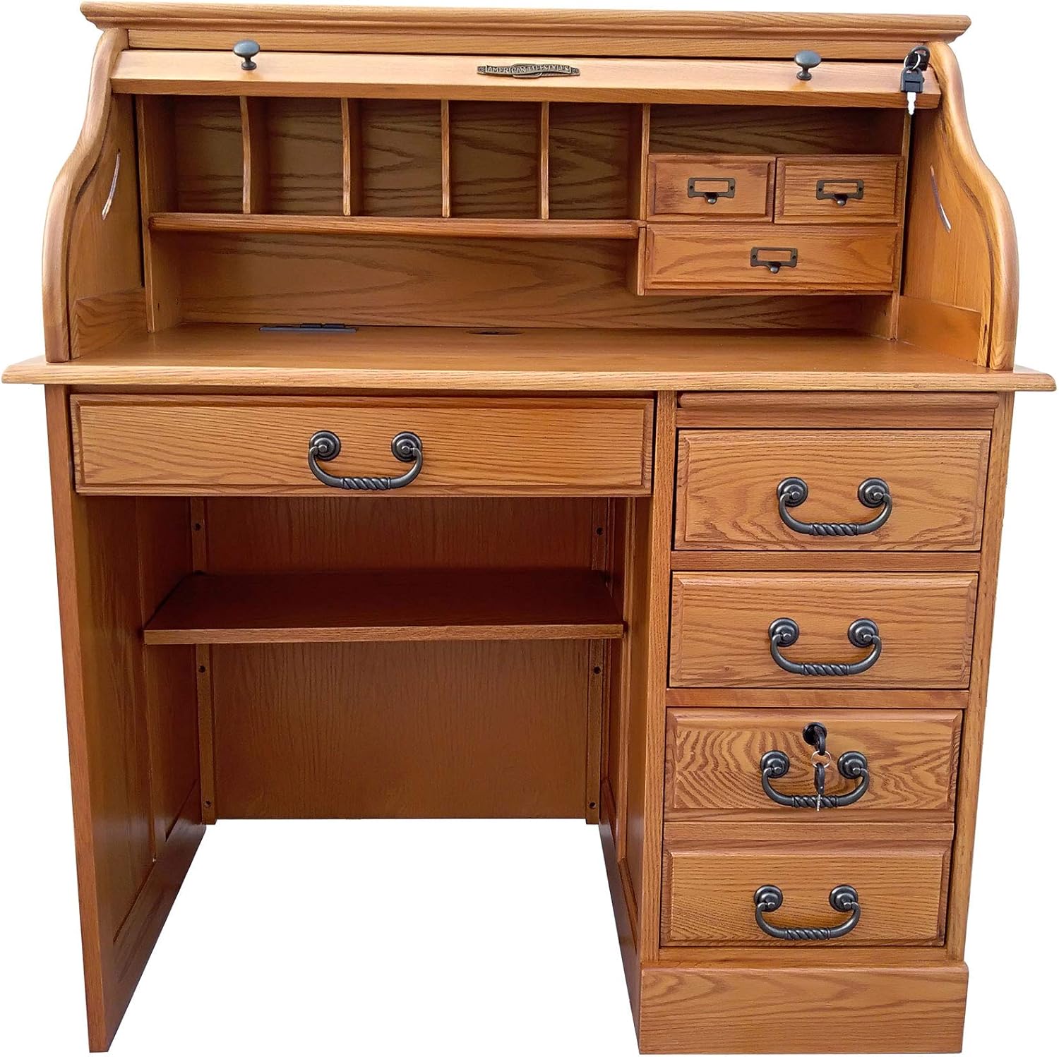 Small Roll Top Desk for Home Office Or Student Solid Oak Wood Single Pedestal 40.5Wx24Dx45H Harvest Stain Quality Crafted Construction Locking File