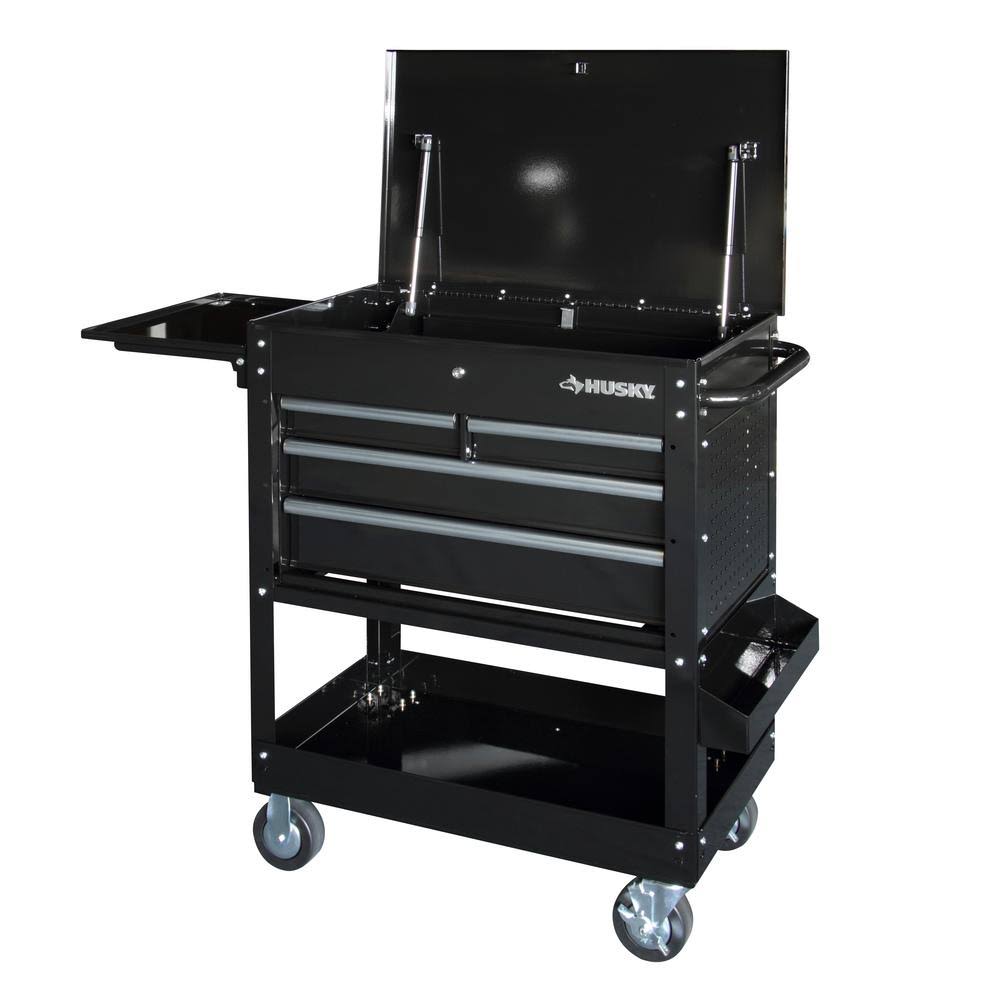 Husky 33 in 4-Drawer Mechanics Cart with Extended Side Table and Bottle Tray, Black