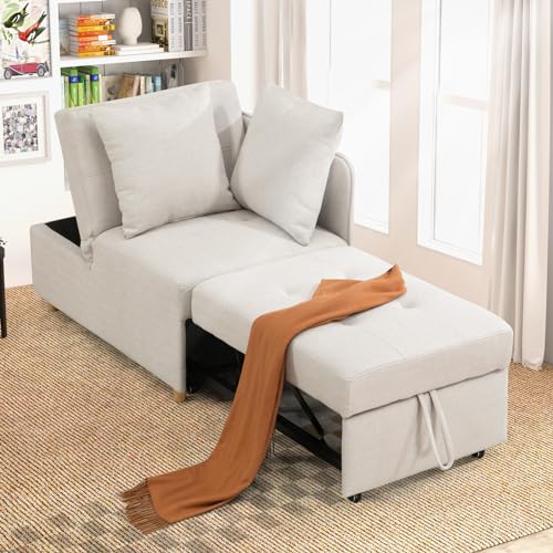 3-in-1 Sleeper Sofa Chair Bed,3-Seat Linen Fabric Loveseat Sofa,Convertible Sofa Bed with 2 Throw Pillows for Living Room