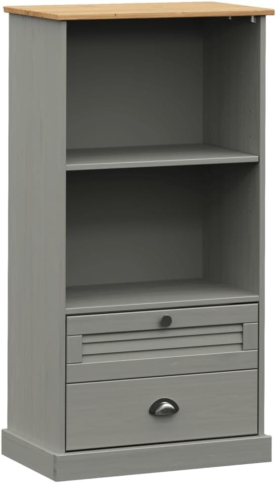 vidaXL VIGO Gray Solid Pine Wood Bookcase Storage with 2 Tier Shelves/2 Drawers - Rustic Bookshelf for Living Room/Study/Bedroom
