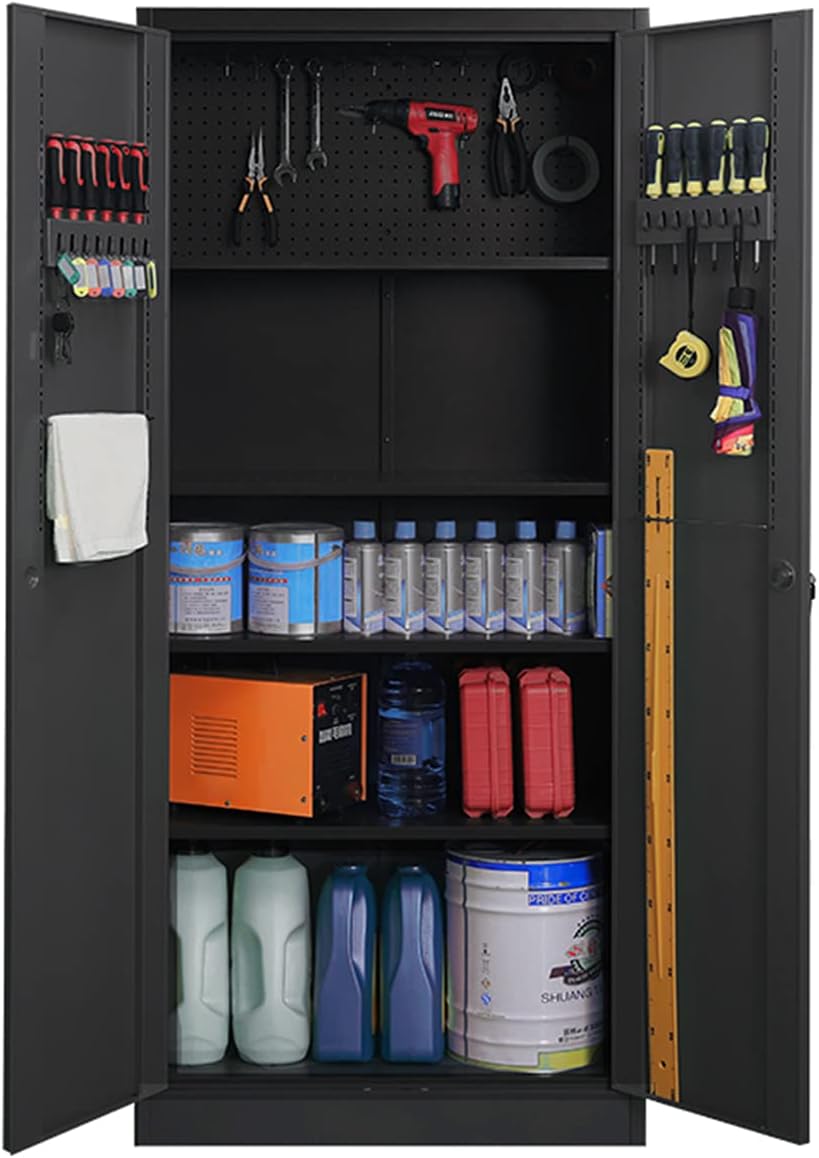 Metal Storage Cabinet with Lock Doors and Adjustable Shelves, Steel Garage Storage Cabinet with Pegboard,70.86 H x 31.5 W x 15.75 D