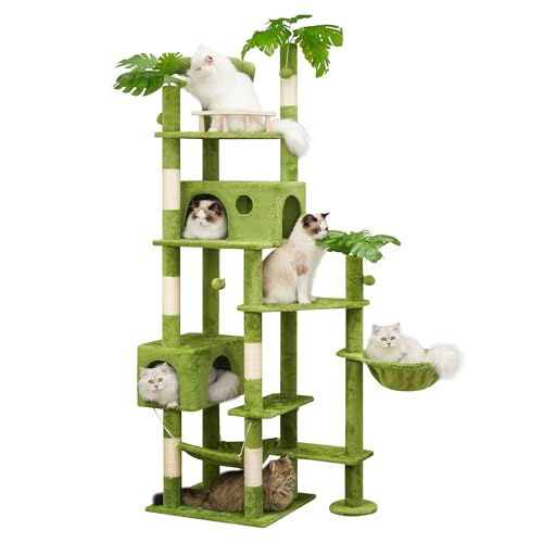 77in Cat Tree with Leaves for Indoor Cats Large Adult,Tall Cat Tower with Scratching Post, Large Cat Tree with Two Cat Condos, Soft Hammocks