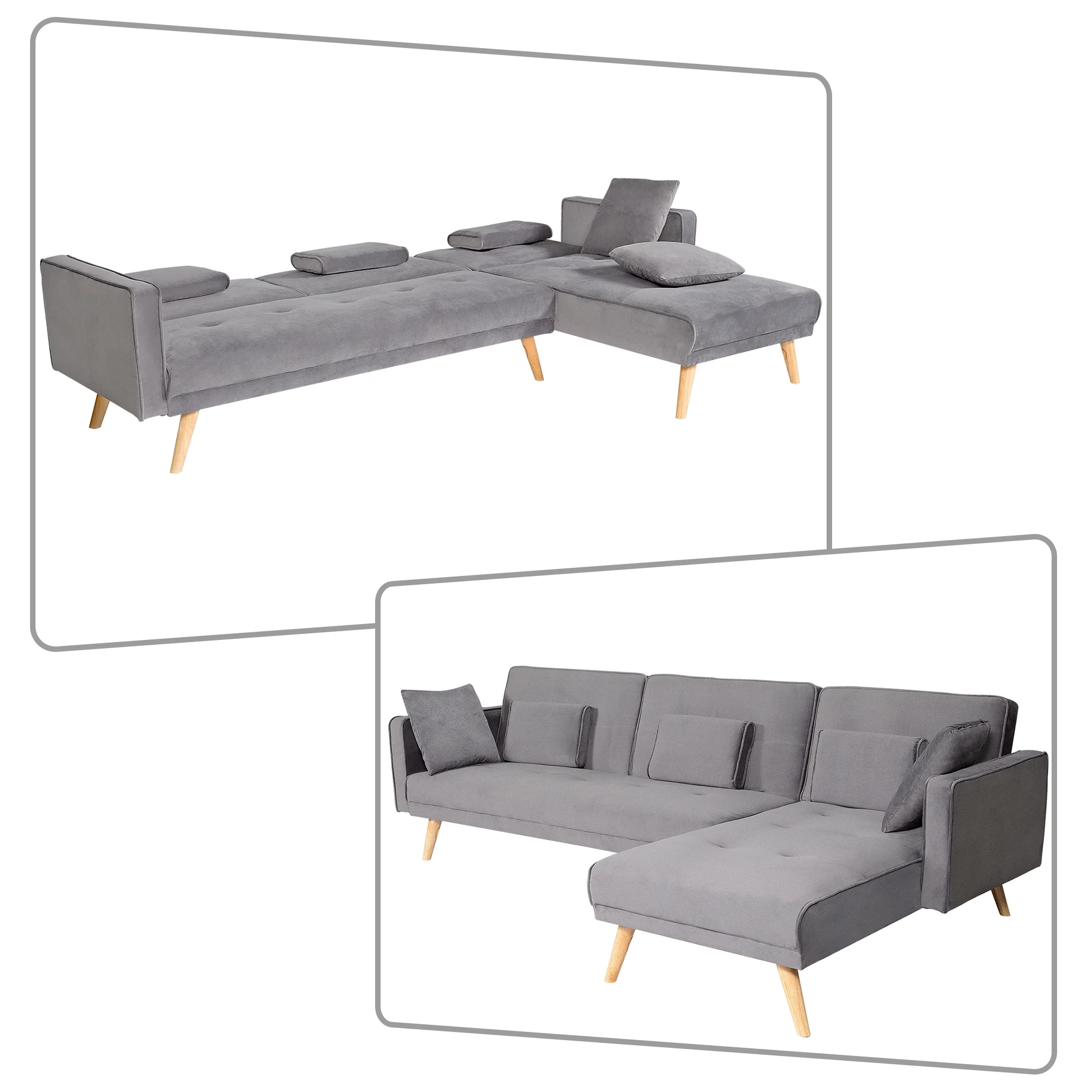 Modern Minimalist Velvet Fabric Upholstered L-Shaped Sectional Sofa Bed with Adjustable Backrests, Gray