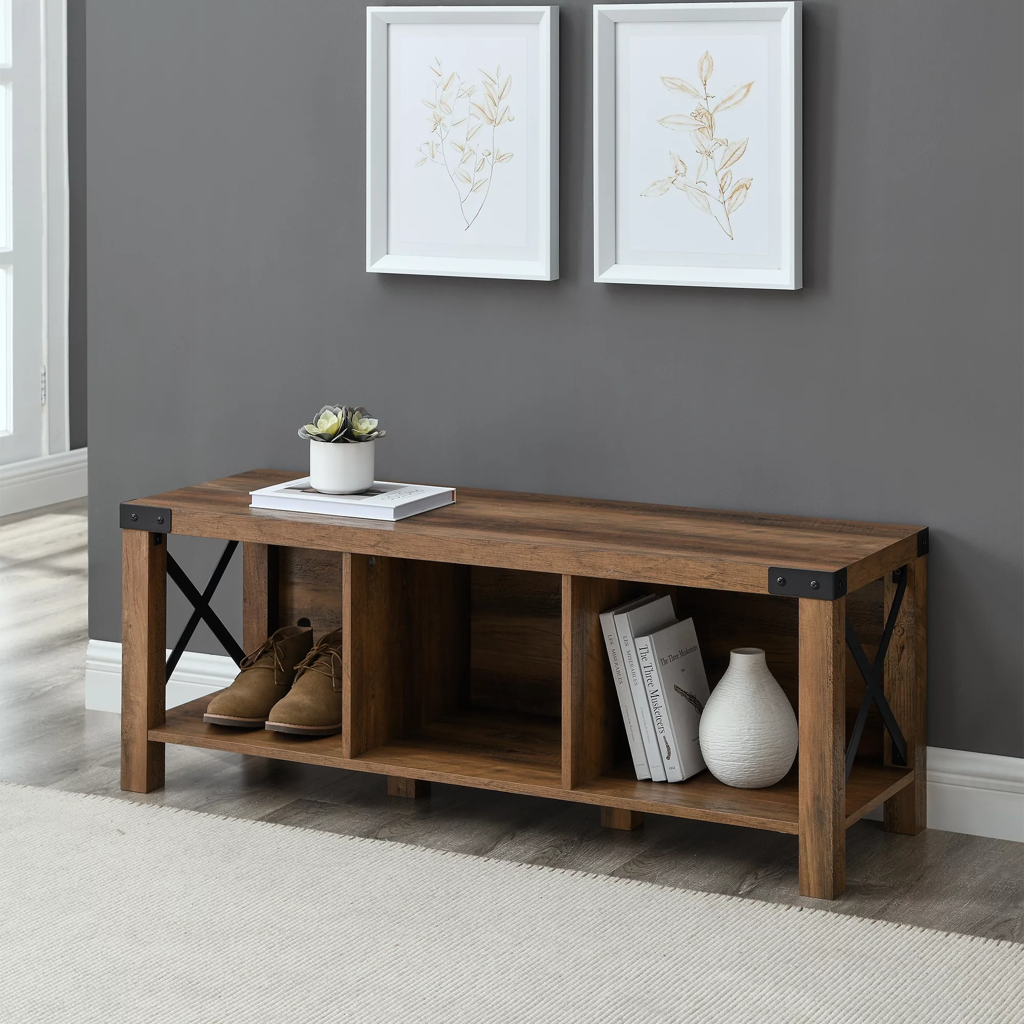 Walker Edison Rustic Farmhouse Entryway Storage Bench, Brown