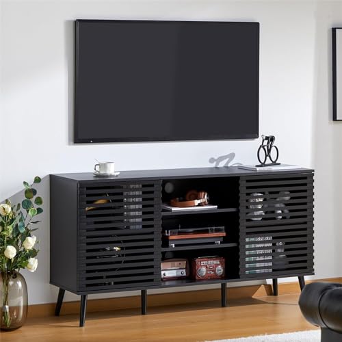Mid-Century Modern TV Stand | 55" Wood Entertainment Center TV Console Table with Storage Hollow Door