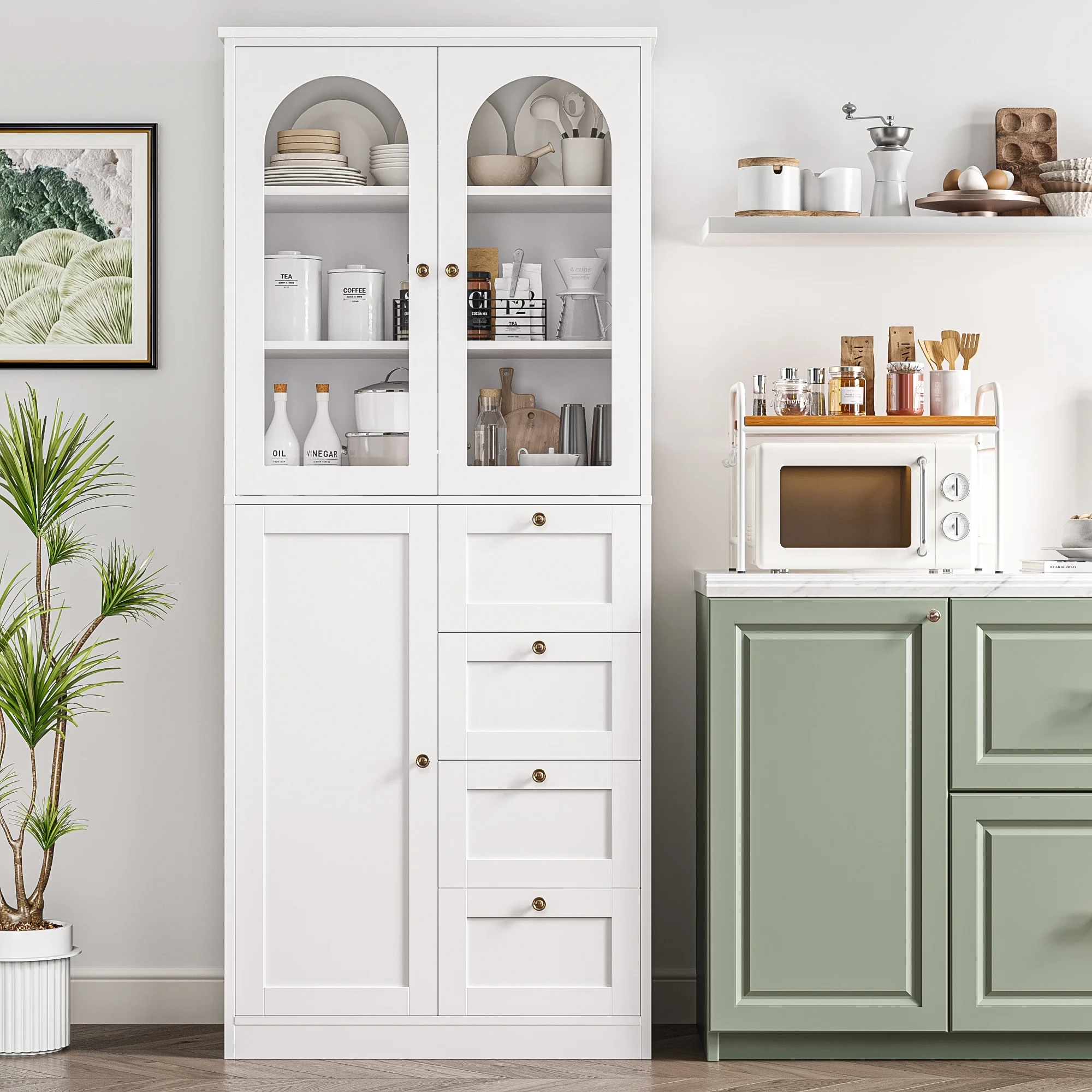 Homfa 70.9''Kitchen Pantry Cabinet with 2 Glass Doors and 4 Drawers, Modern Food Storage Cabinet with Adjustable Shelves for Dining Room, White