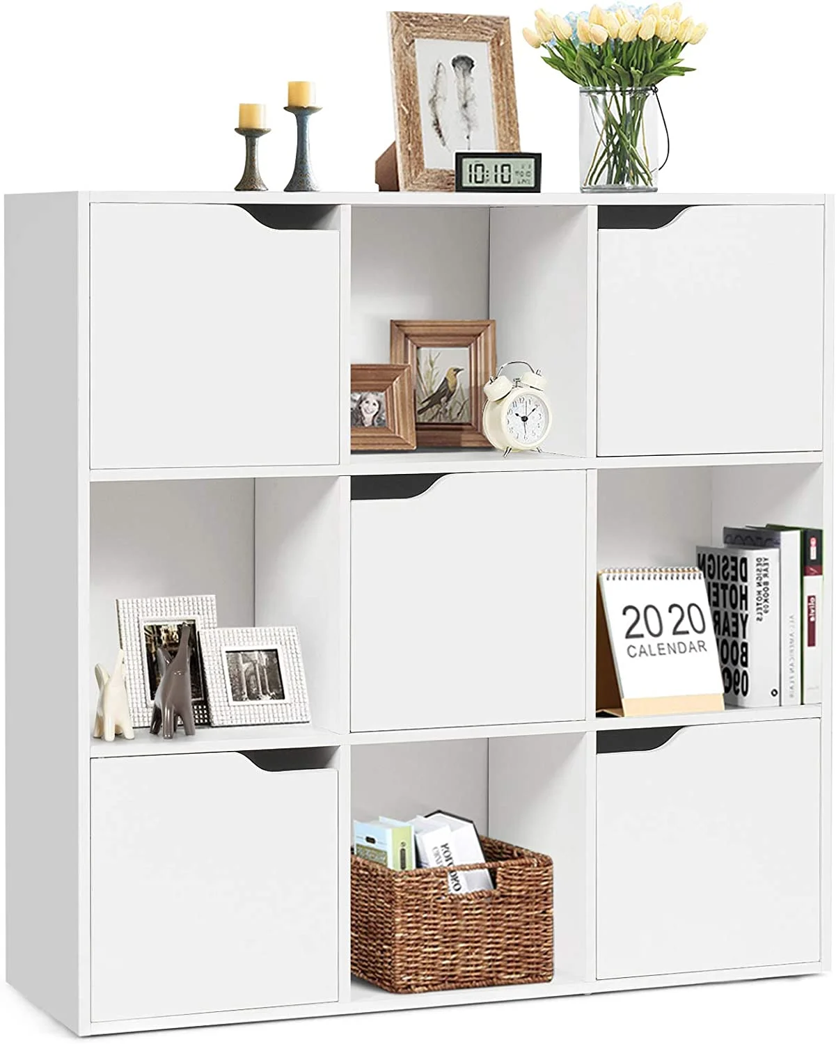 NTTBOBOEC 9-Cube  Organizer Cabinet w/Doors  Compartment Display Unit w/ 4 Open Cubes &amp