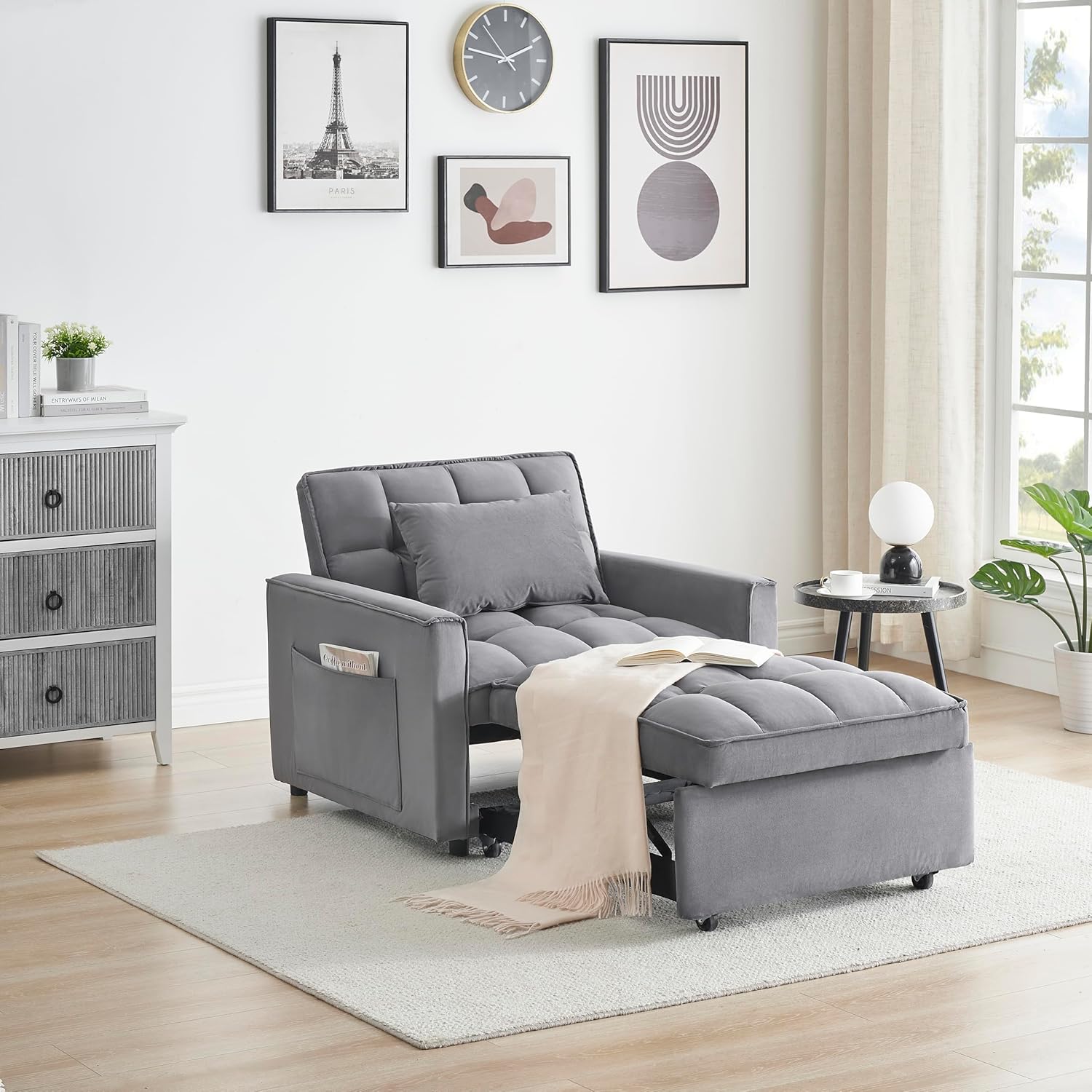 bed8 35" Twin Size Pull 3 in 1 Convertible Sleeper Chair, Velvet Reading Armchair, Futon Recliner, Foldable Chaise Lounge Sofa with Pullout Bed