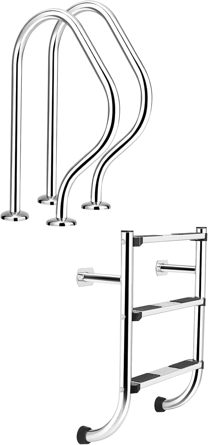 Goplus Stainless Steel Pool Ladder, 440-lb Capacity Heavy Duty Inground Split Ladder w/ Handrail and 3-Step Non-Slip Footstep