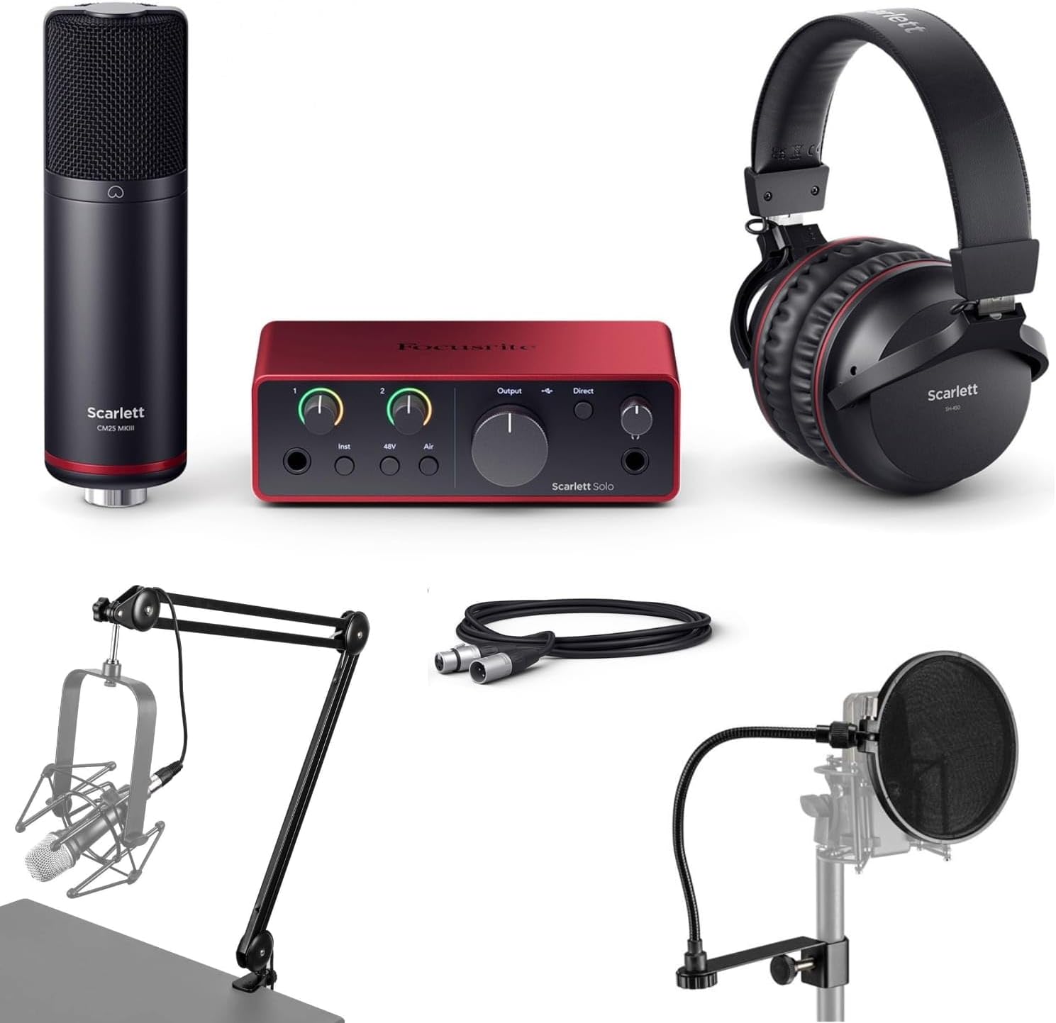 Focusrite Scarlett Solo Studio 4th Gen USB Audio Interface with Software Suite, Bundle, Broadcast Arm With Internal Springs & Pop Filter, Includes