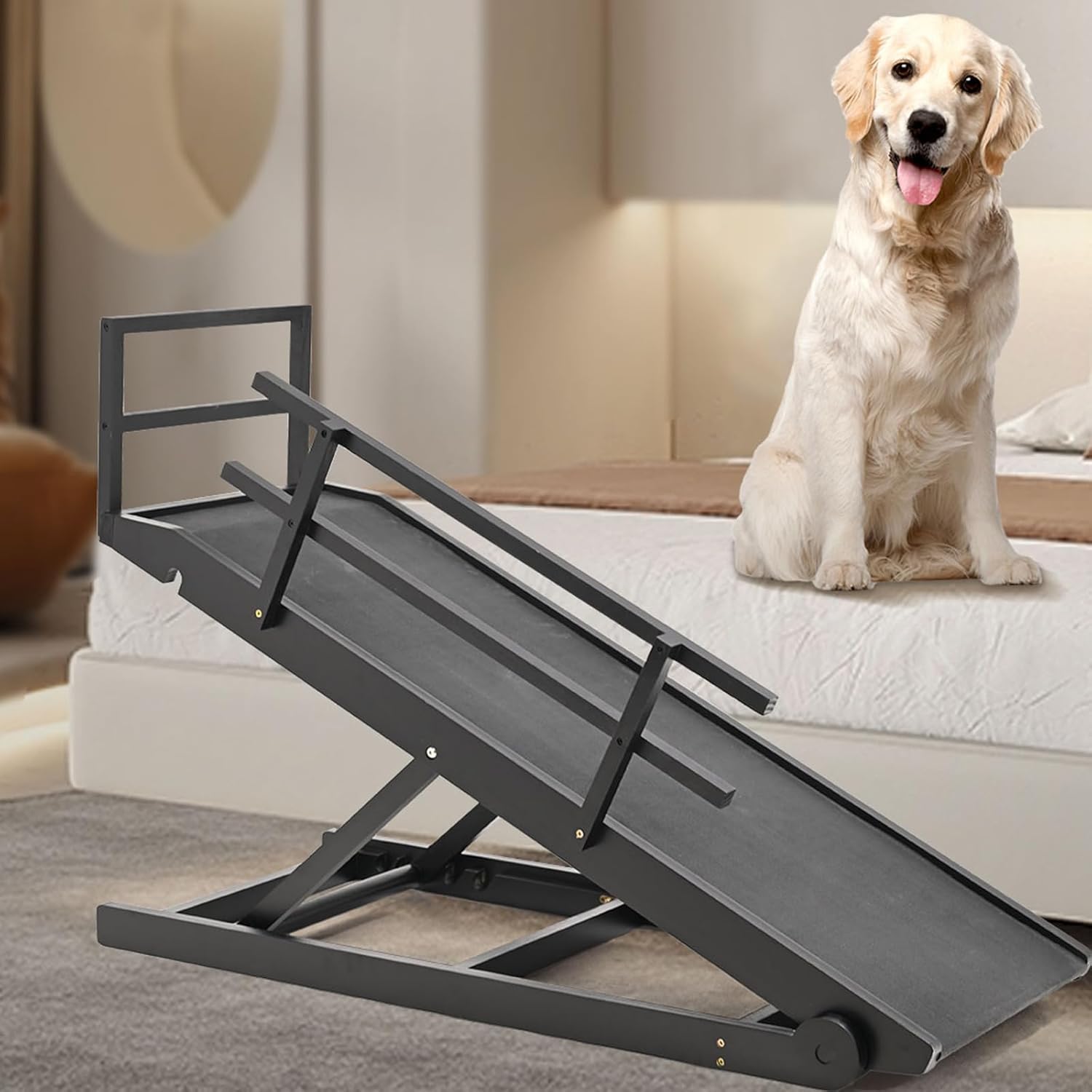 Dog Ramp,Upgrade Rubber Mat High Traction Ramp,5 Level Adjustable Folding Pet Ramp for Middle Bed, Couch,SUV,Great for Small & Large Old Dogs & Cats