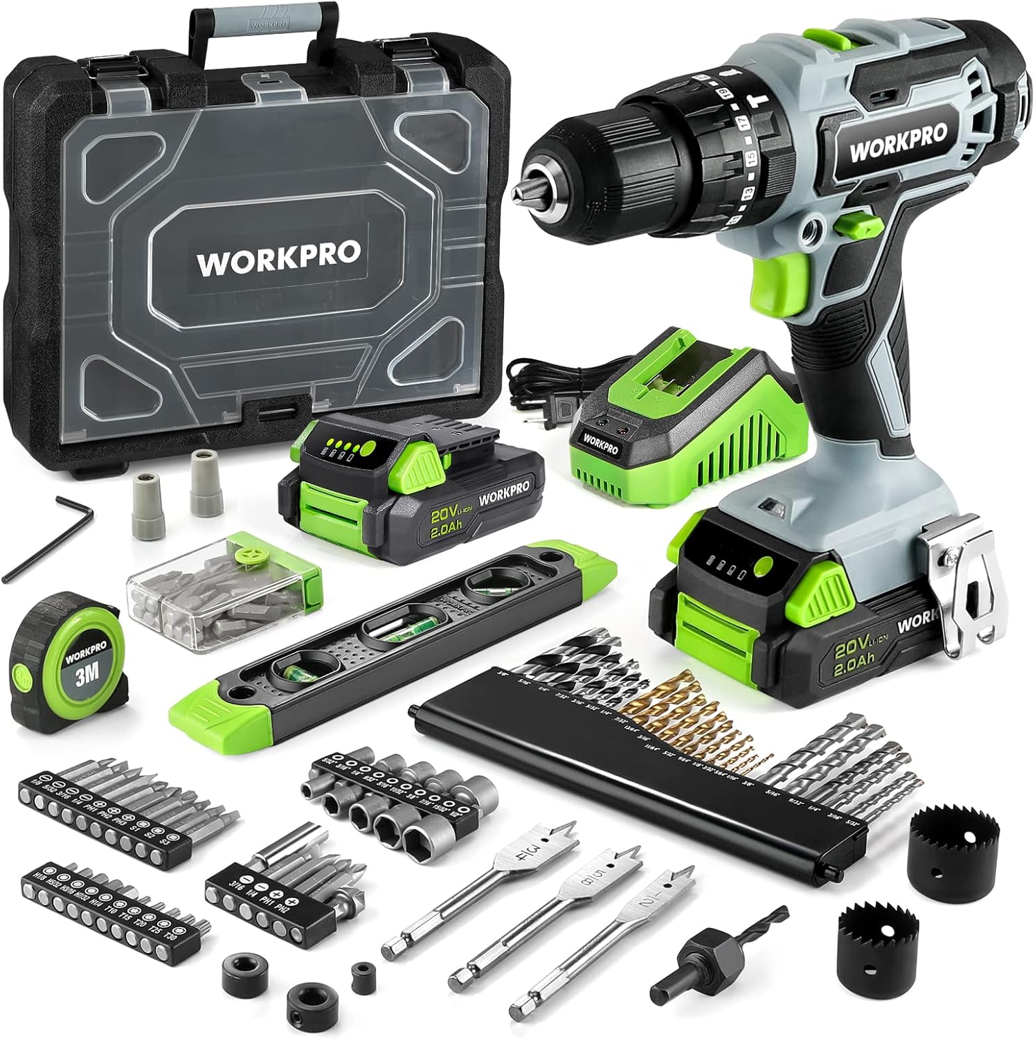 WORKPRO 20V Max Cordless Drill Driver Set, Electric Power Impact Drill Tool with 102 Pieces Accessories