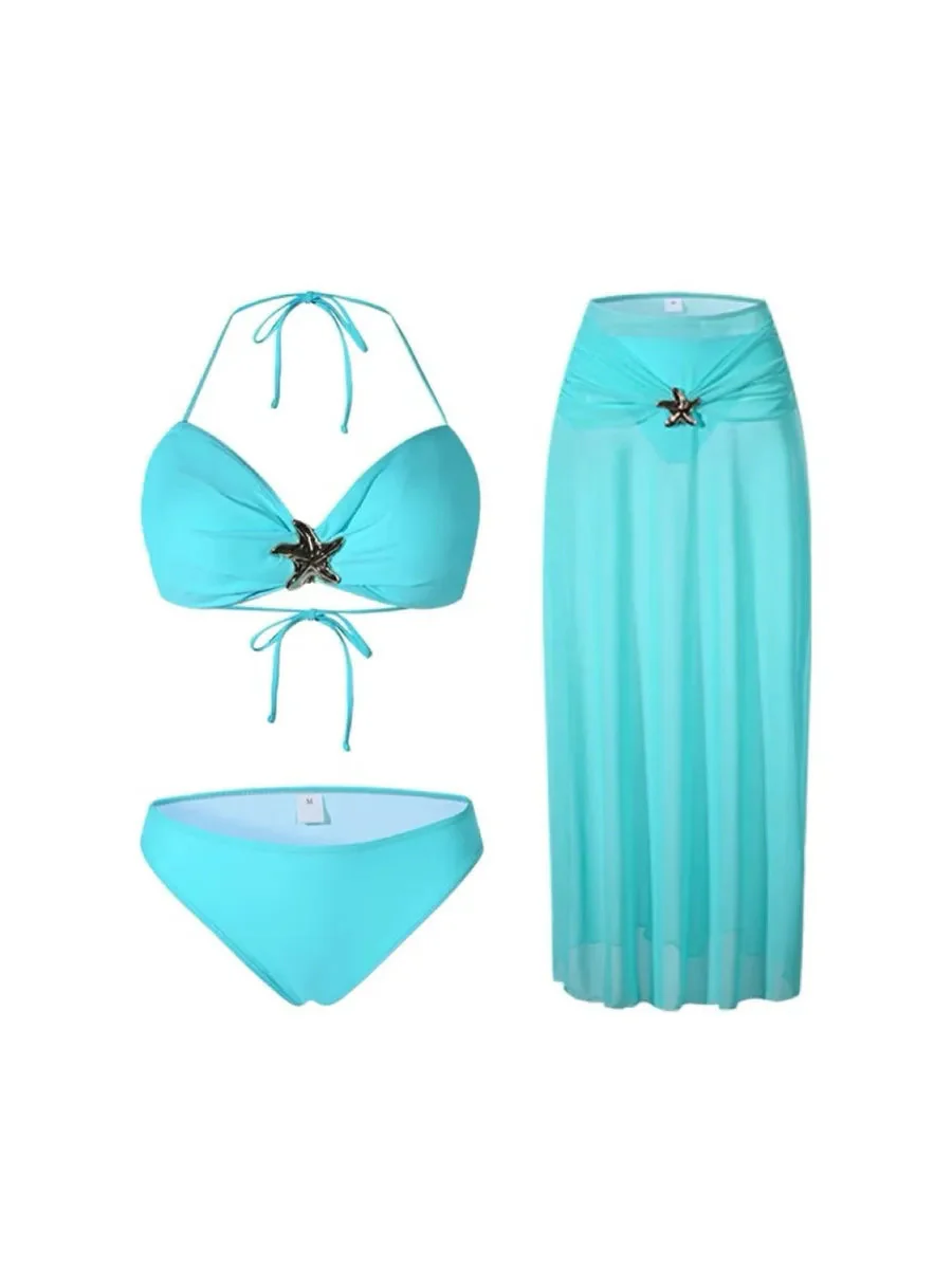 'Jasmine' Y2k Beach Style Starfish Mint Blue Midi Swim Suit Set