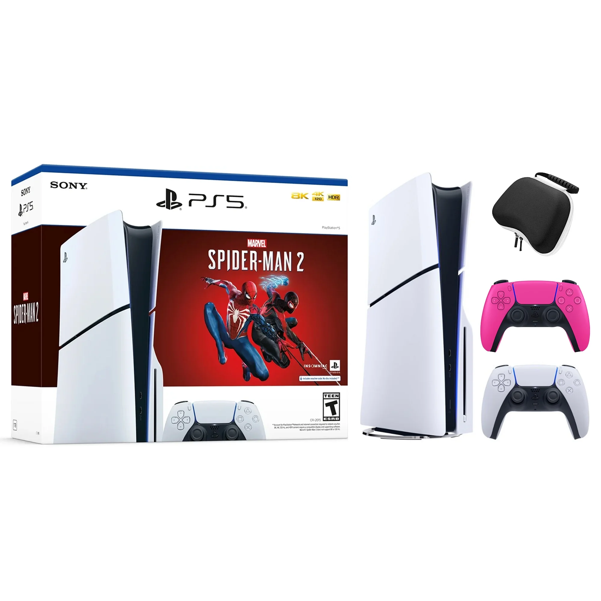2023 New PlayStation 5 Slim Disc Edition Marvel's Spider-Man 2 Bundle with Two Controllers White and Nova Pink Dualsense and Mytrix Controller Case