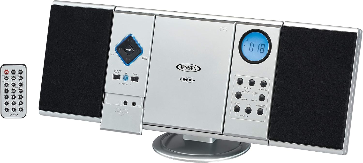 Jensen Modern Black Series JMC-180 Silver Wall Mountable Vertical Loading CD Music System, Digital AM/FM Stereo with Speakers, Aux-in