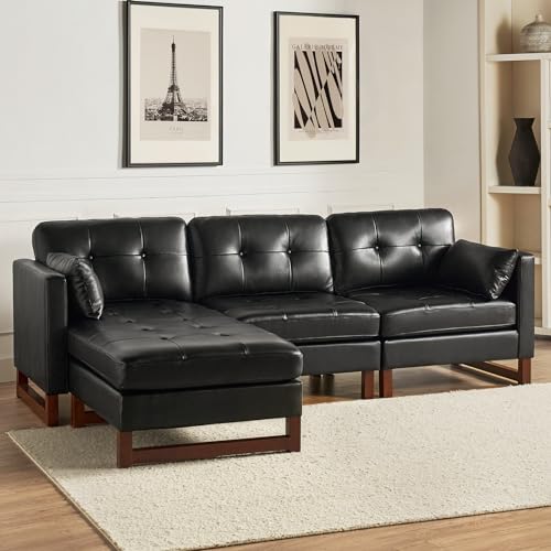 HULALA HOME Genuine Leather Sectional Sofa, 100 inch L Shaped Sofa Couches, Upholstered Reversible 3 Seater Sofa Couch with Chaise