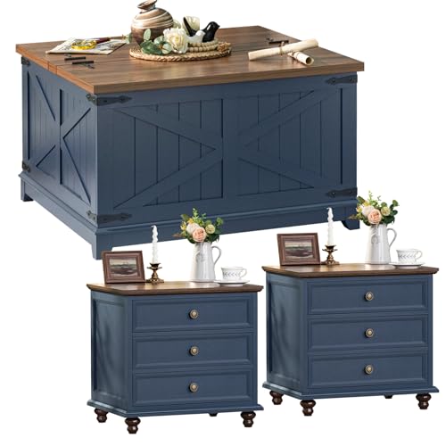 Farmhouse Coffee Table Set of 3, Furniture Set with Charging Station, Coffee Table with Hidden Storage Organizer and Nightsand 3-piece set
