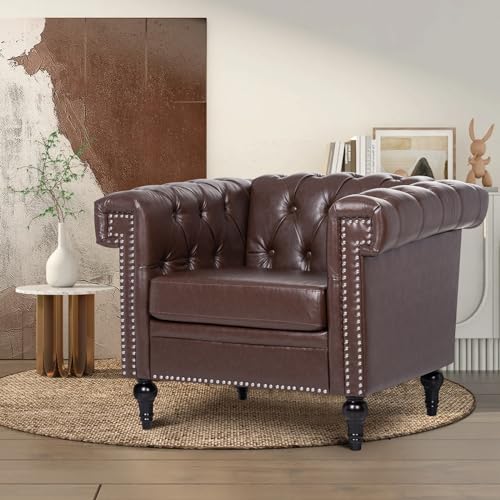 Chesterfield Chair Leather, Square Arm Tufted Back Upholstered Single Sofa Chair, Club Armchair With Nailheads and Solid Wood Legs