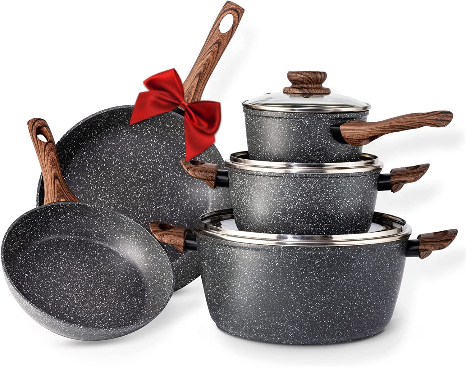 Excellent Prikoi Induction Cookware Set  Non Stick Granite Pots and Pans Set for Stove  8 Pieces Dishwasher Safe