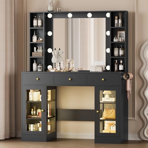 Makeup Vanity Desk with Mirror and Lights, White Vanity with Glass Top, LED Lights & Power Outlet, 3 Drawers & 2 RGB Glass Cabinets