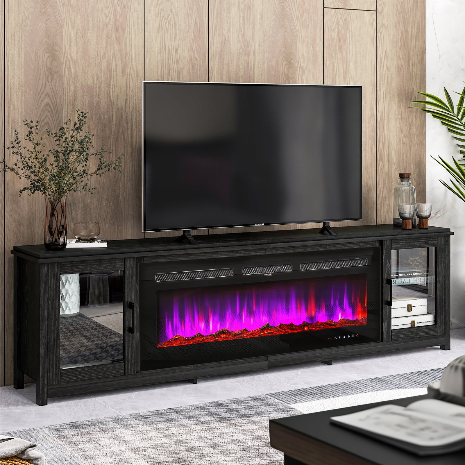 Oneinmil Fireplace TV Stand for TVs up to 90. 80 TV Stand with 50 Electric Fireplace. Entertainment Center with Glass Doors. Black