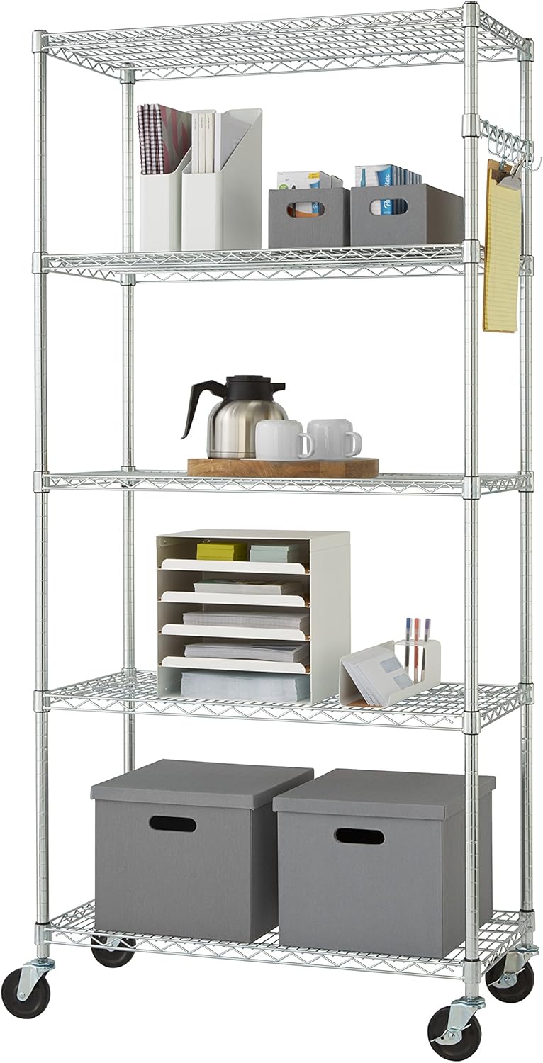 TRINITY EcoStorage Heavy Duty 5-Tier Adjustable Wire Shelving with Wheels and Storage Hooks for Kitchen Organization, Garage Storage, NSF Certified