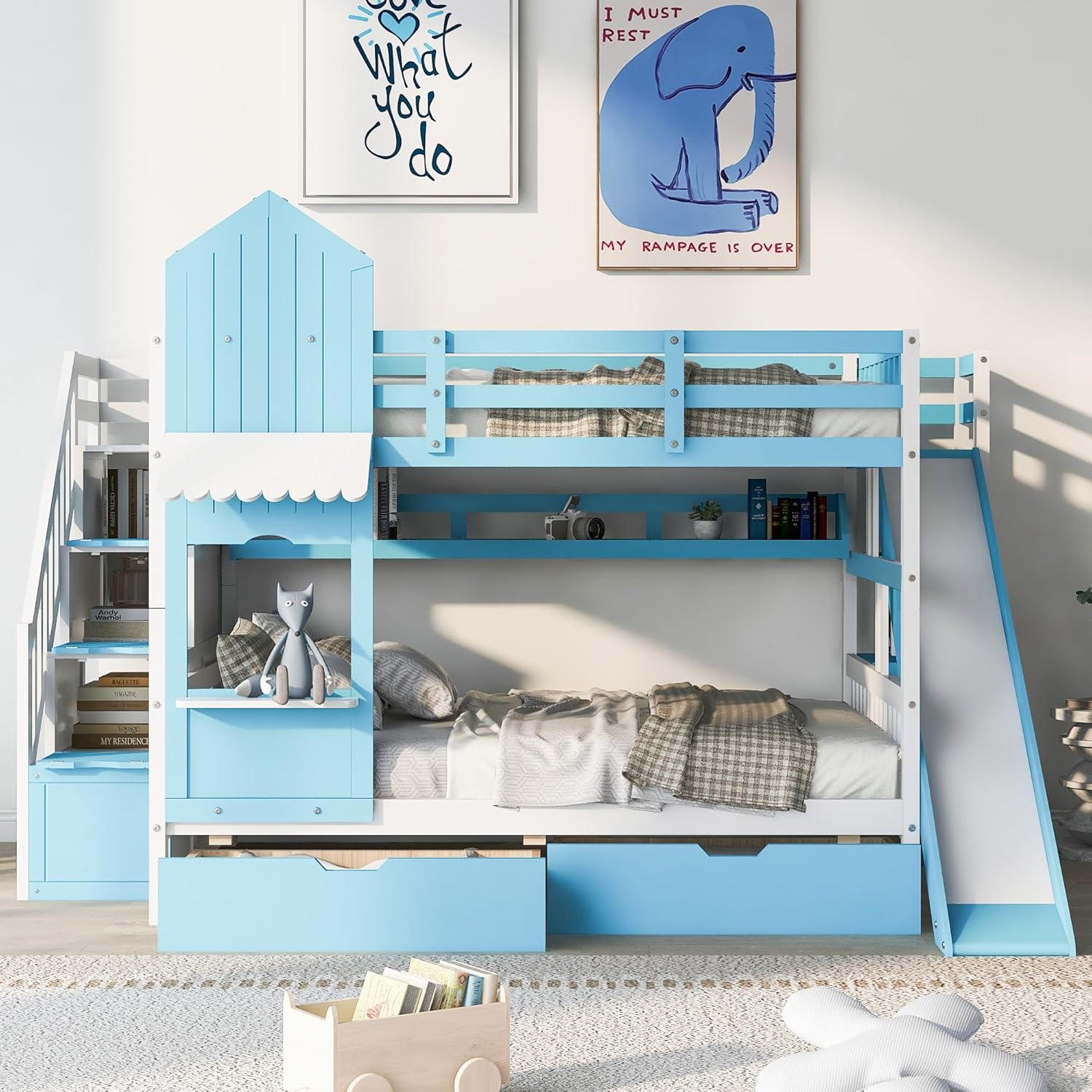 Harper & Bright Designs Full Over Full Bunk Bed with Stairs and Slide, Solid Wood Bunk Bed Frame with Storage Drawers and Bookshelf