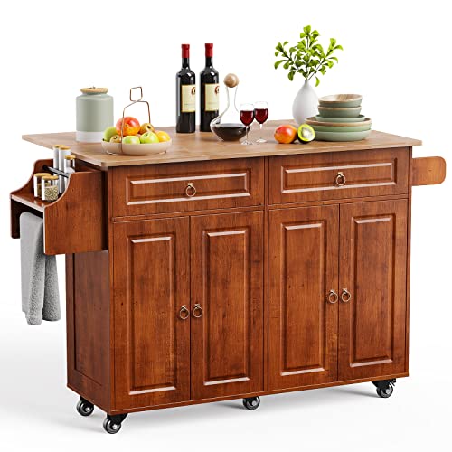 Kitchen Island with Drop Leaf and Storage, on Wheels Two Drawers, Large Storage Cabinet, Towel Rack Spice Cart Brown